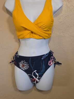 Yellow and Navy Floral Bikini Set Size Small
